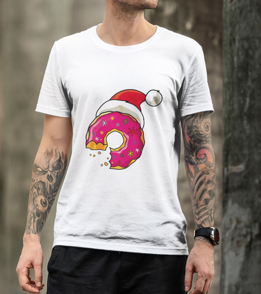 Santa Hat Candy Xmas Donut With Pink Frosting And Stars T-Shirt