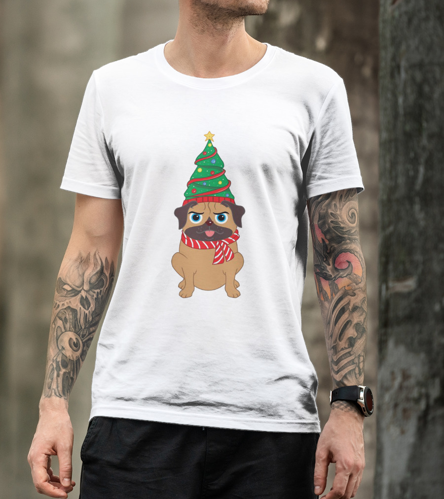 Snuggly Pug With Christmas Tree Hat And Festive Scarf Holiday T-Shirt