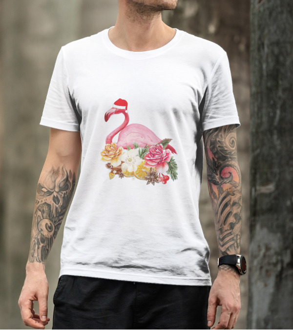 Festive Flamingo With Santa Hat And Holiday Floral Arrangement T-Shirt