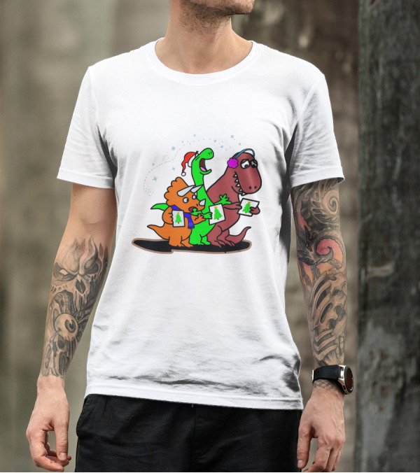 Dinosaur Trio Singing Christmas Carols With Festive Hats And Tree Cards T-Shirt