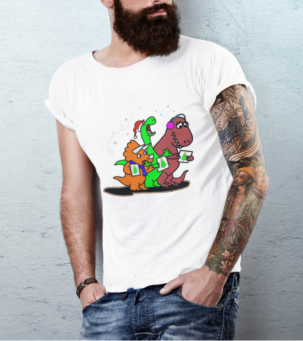 Dinosaur Trio Singing Christmas Carols With Festive Hats And Tree Cards T-Shirt