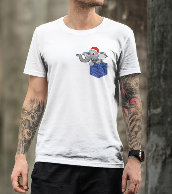 Christmas Holiday Pocket Elephant With Santa Hat And Blue Snowflake Pattern Pocket T-Shirt