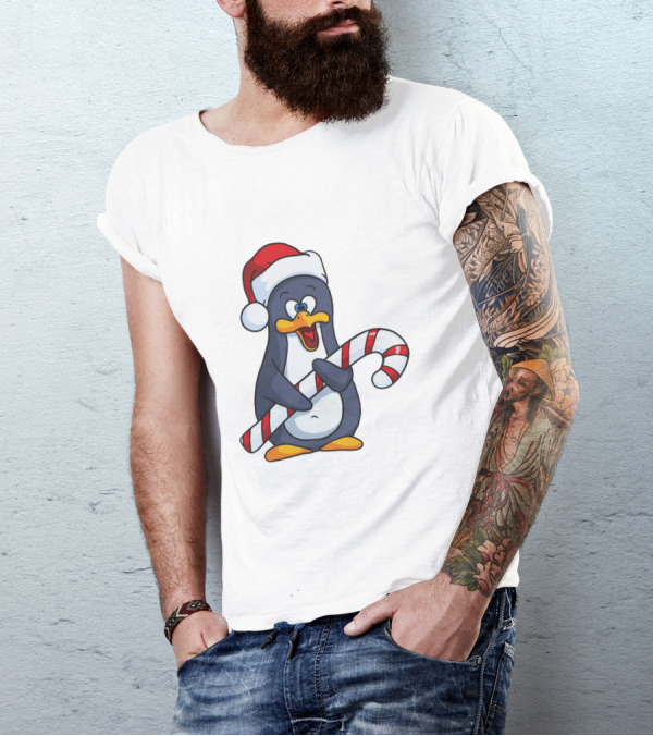 Jolly Christmas Penguin With Santa Hat And Candy Cane T-Shirt