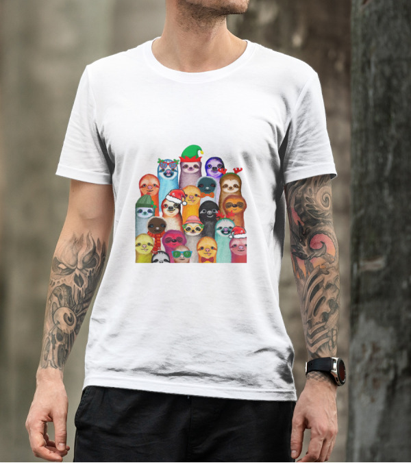 Christmas Sloths Wearing Festive Accessories And Colorful Hats T-Shirt