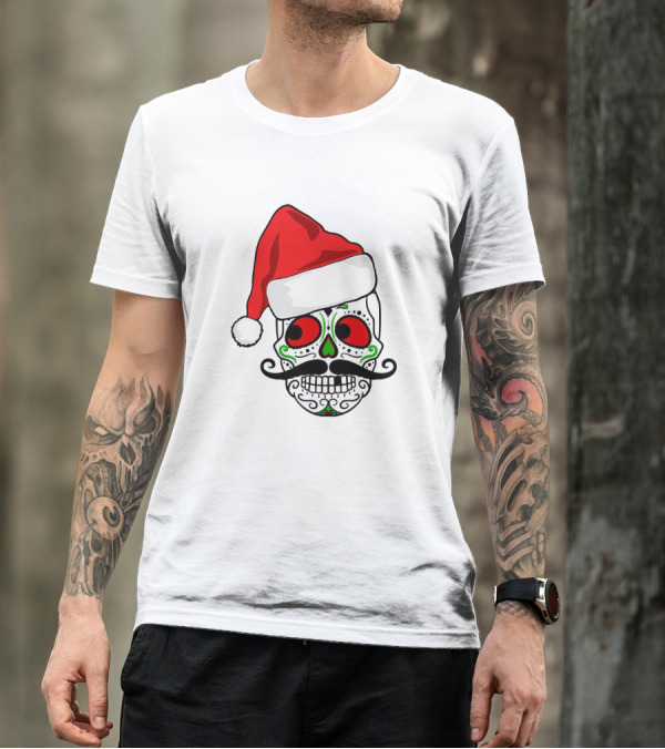 Santa Hat Festive Sugar Skull Christmas T-Shirt