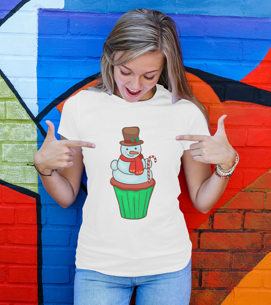 Xmas Cupcake Muffins With Snowman And Candy Cane Holiday T-Shirt