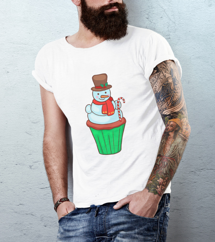 Xmas Cupcake Muffins With Snowman And Candy Cane Holiday T-Shirt