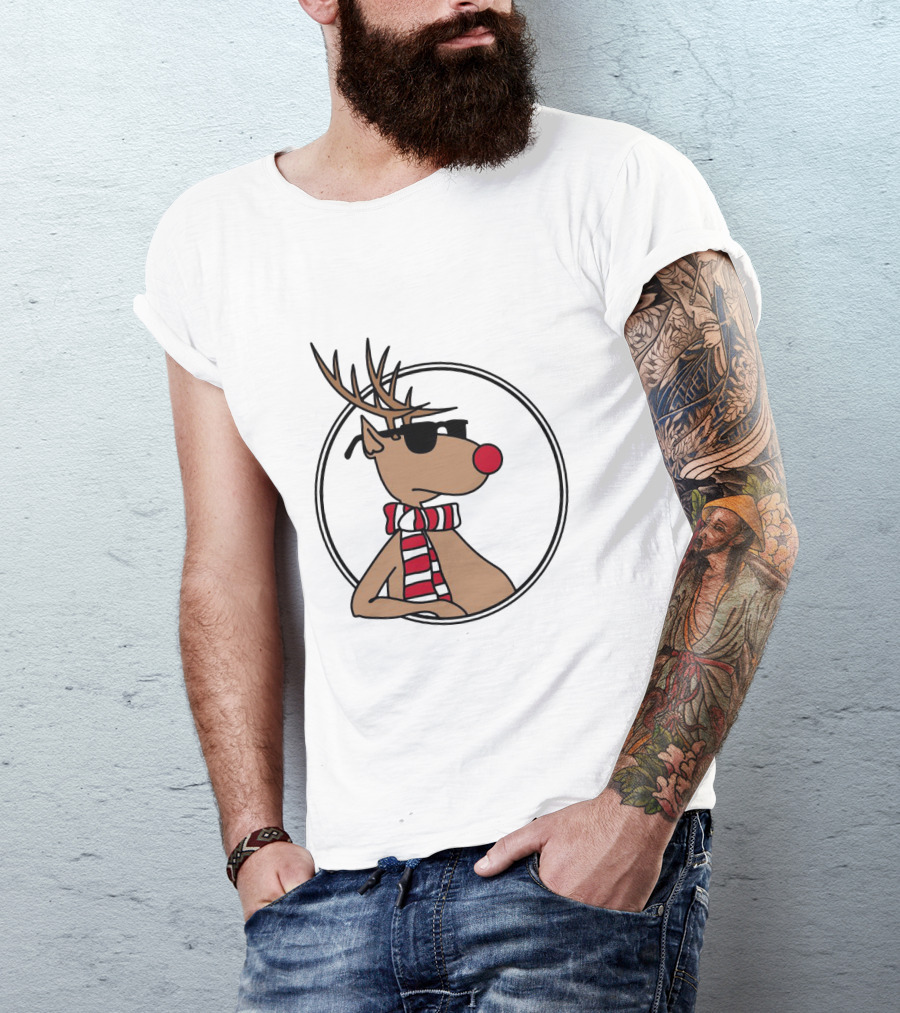 Deer Cool Reindeer In Sunglasses And Striped Scarf T-Shirt