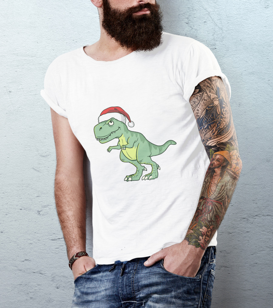 Christmas Dinosaur Wearing Santa Hat T-Shirt