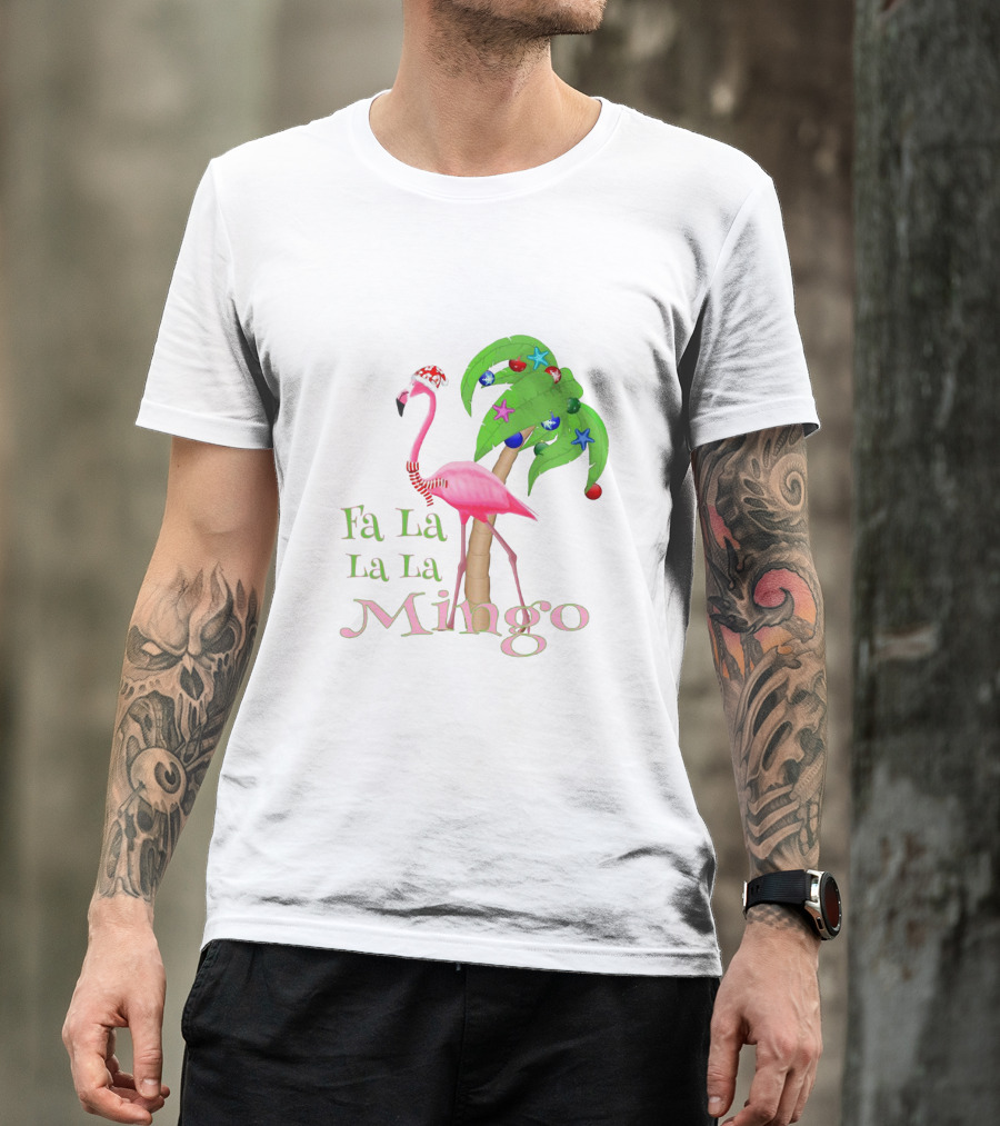 Festive Fa La La La Mingo Pink Flamingo Holiday Tropical Palm Tree T-Shirt