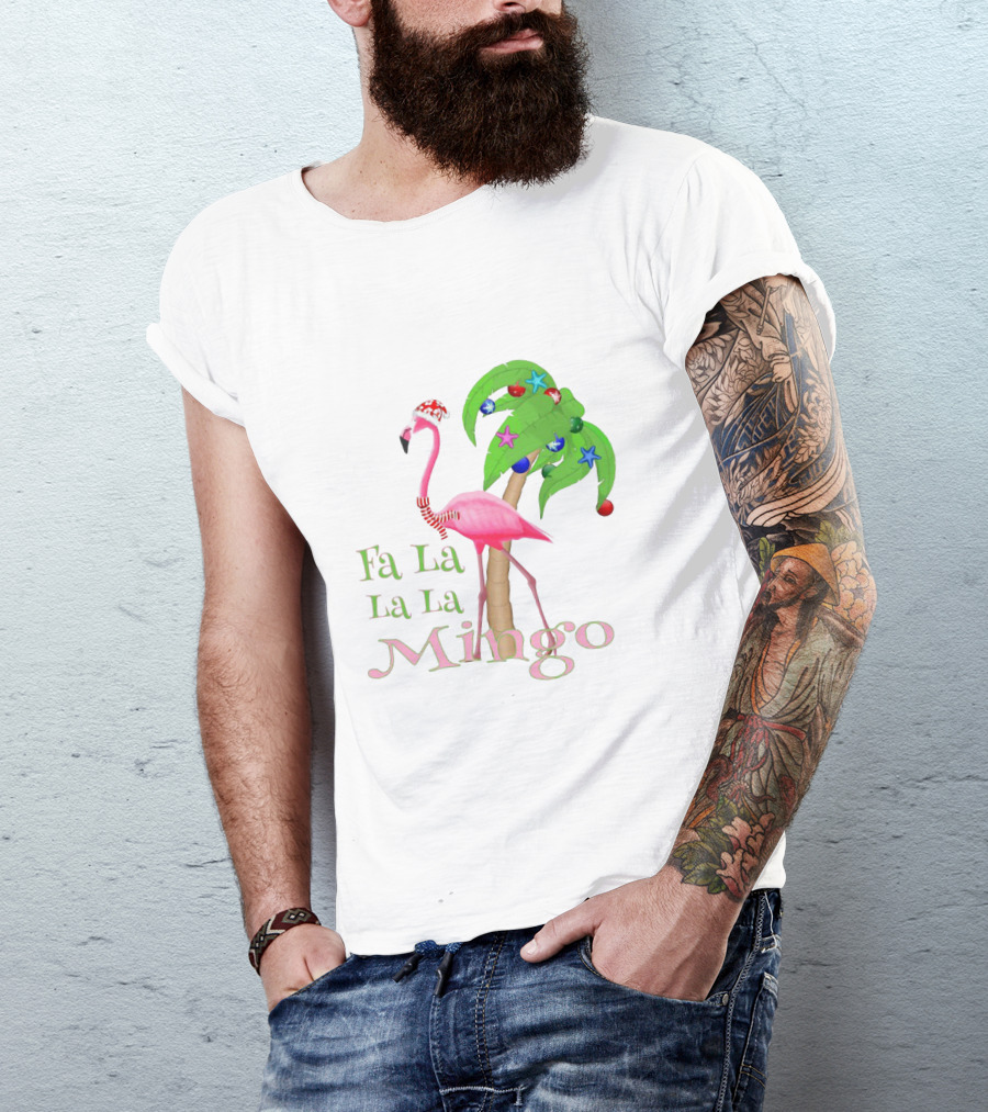 Festive Fa La La La Mingo Pink Flamingo Holiday Tropical Palm Tree T-Shirt