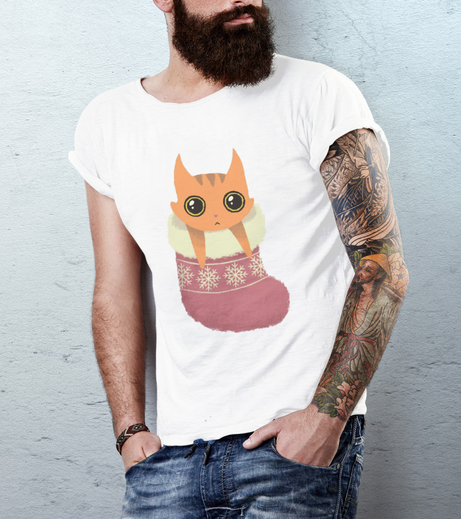 Adorable Orange Cat In Festive Christmas Stocking With Snowflake T-Shirt