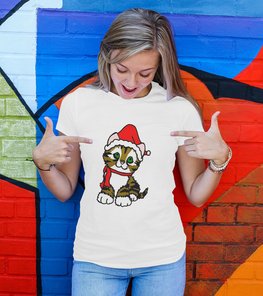 A Cute Tabby Kitten Dressed In Santa Hat And Scarf T-Shirt