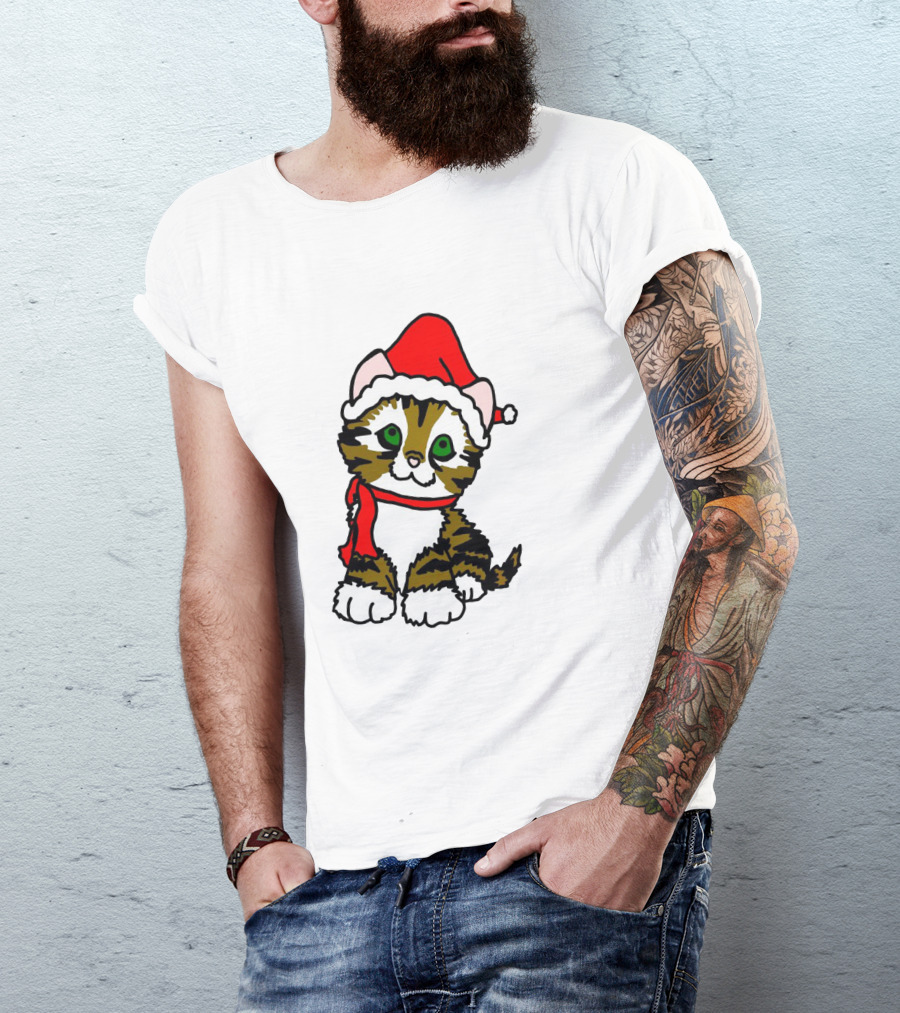 A Cute Tabby Kitten Dressed In Santa Hat And Scarf T-Shirt