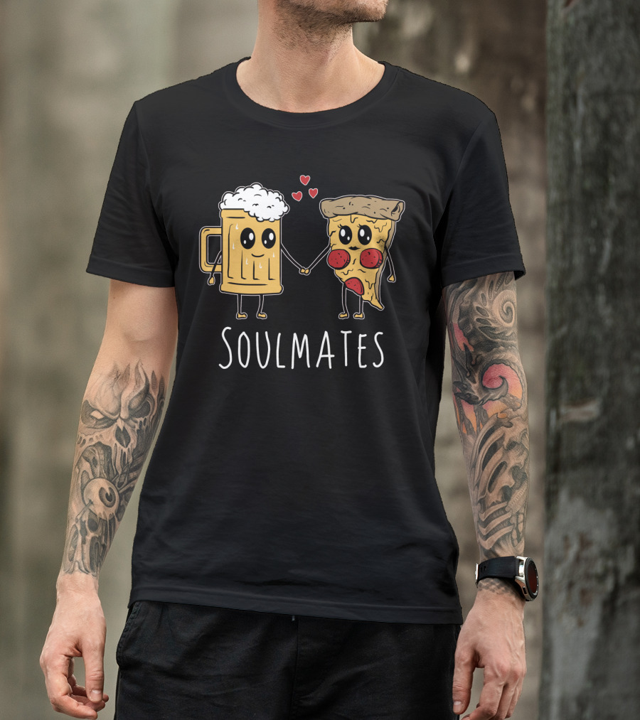 Soulmates Beer And Pizza Holding Hands With Hearts T-Shirt