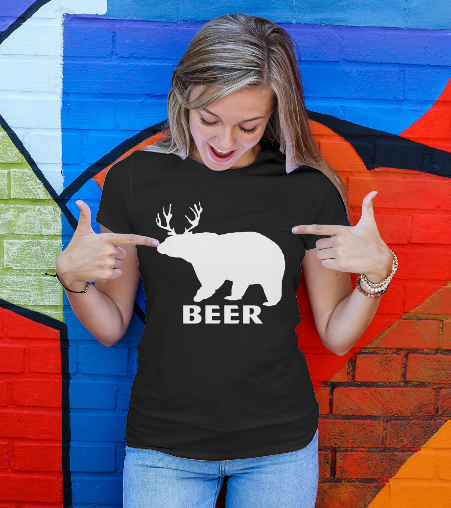 Beer Funny Drinking Bear With Antlers T-Shirt