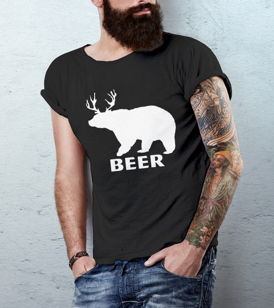 Beer Funny Drinking Bear With Antlers T-Shirt