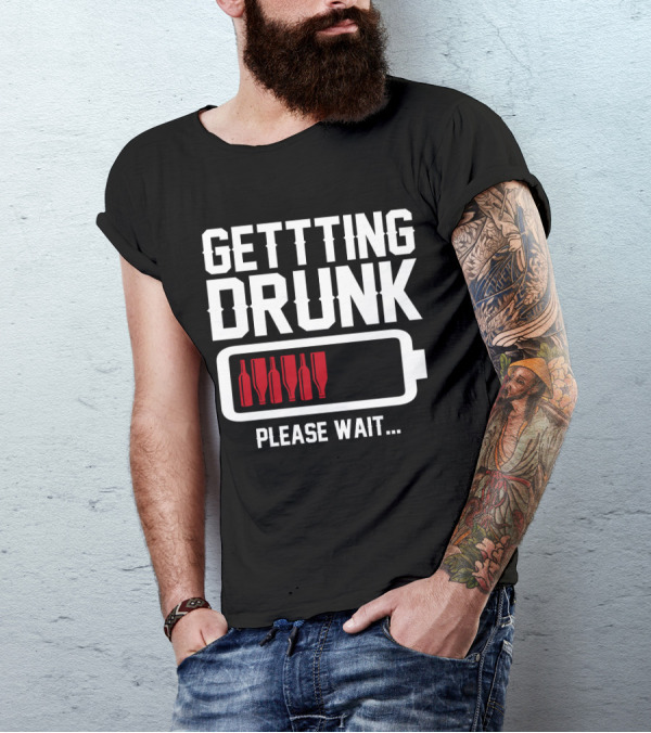 Getting Drunk Please Wait With Battery And Bottles Icon 4th July Beer T-Shirt