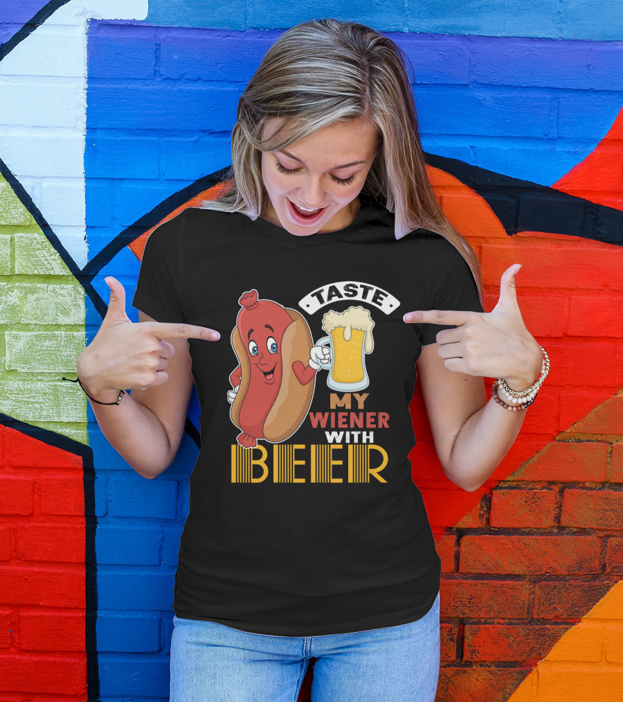 Taste My Wiener With Beer Funny Hot Dog Cartoon For Party T-Shirt