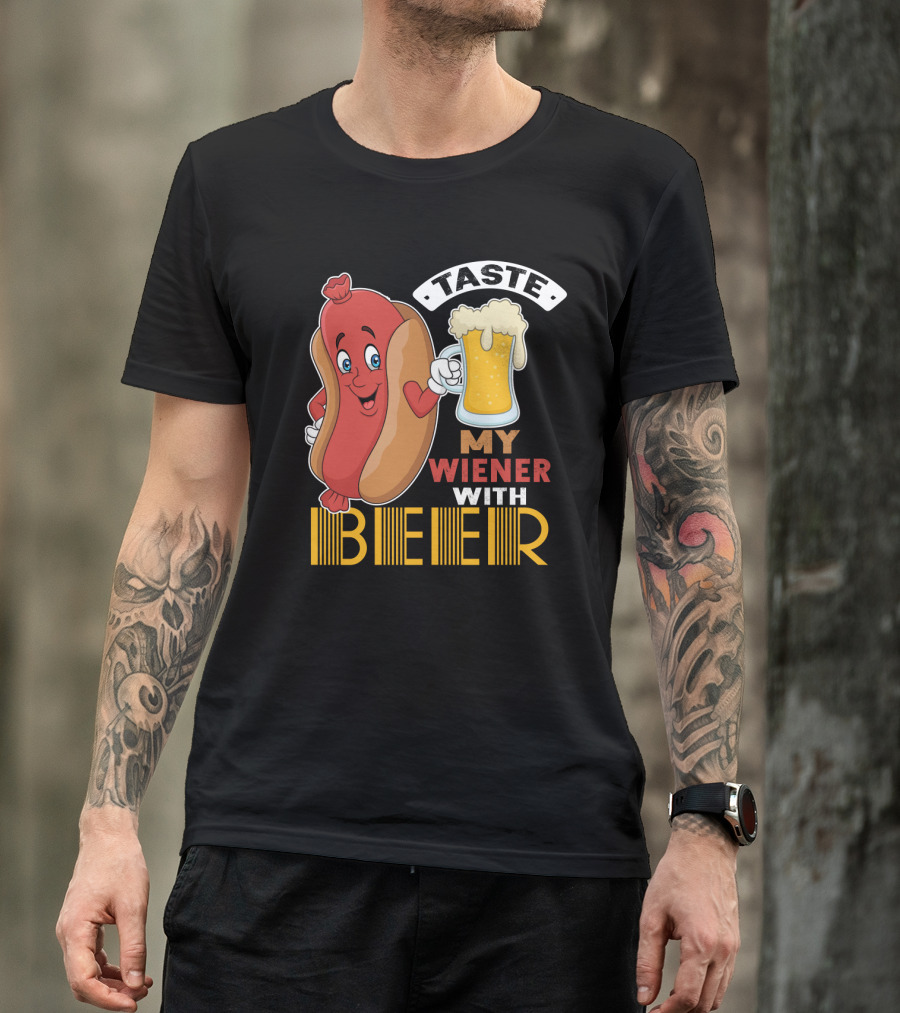 Taste My Wiener With Beer Funny Hot Dog Cartoon For Party T-Shirt