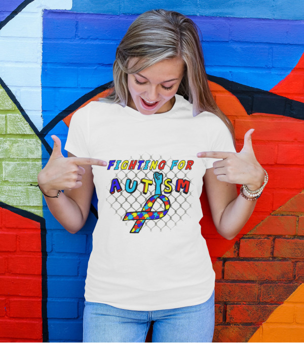 Fighting For Autism Puzzle Ribbon With Chain Link Background And Fist T-Shirt