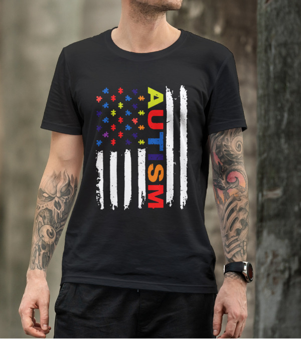 Autism Awareness Flag Design With Colorful Puzzle Pieces And Vertical Stripes T-Shirt
