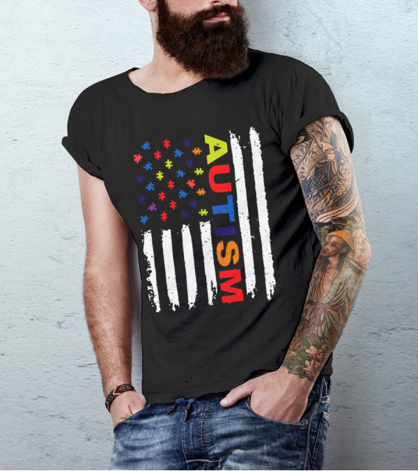 Autism Awareness Flag Design With Colorful Puzzle Pieces And Vertical Stripes T-Shirt