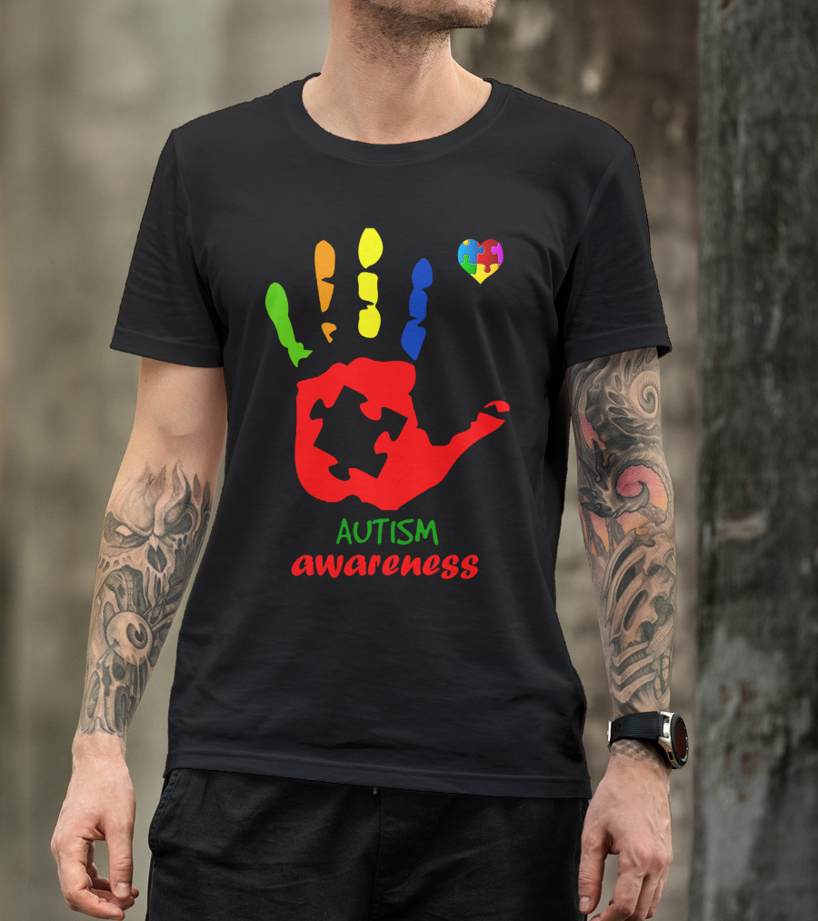 Autism Awareness Colorful Handprint With Puzzle Heart T-Shirt