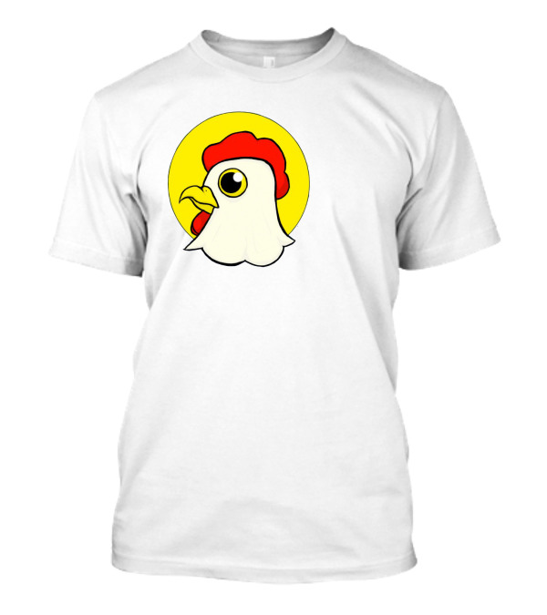 Kawaii Cartoon Chicken Head With Bold Red Comb And Yellow Circle Background T-Shirt