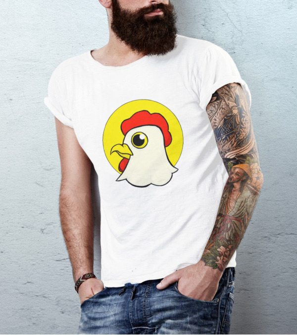 Kawaii Cartoon Chicken Head With Bold Red Comb And Yellow Circle Background T-Shirt