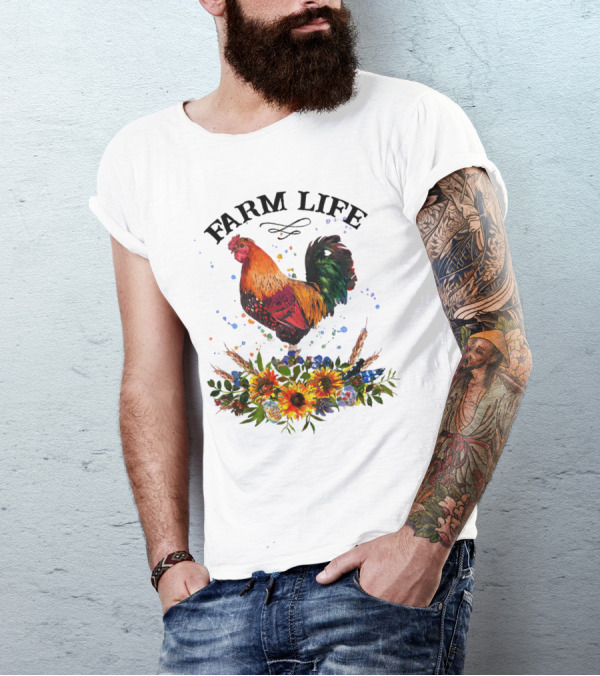 Farm Life Chicken Rooter With Colorful Rooster And Floral Arrangement T-Shirt