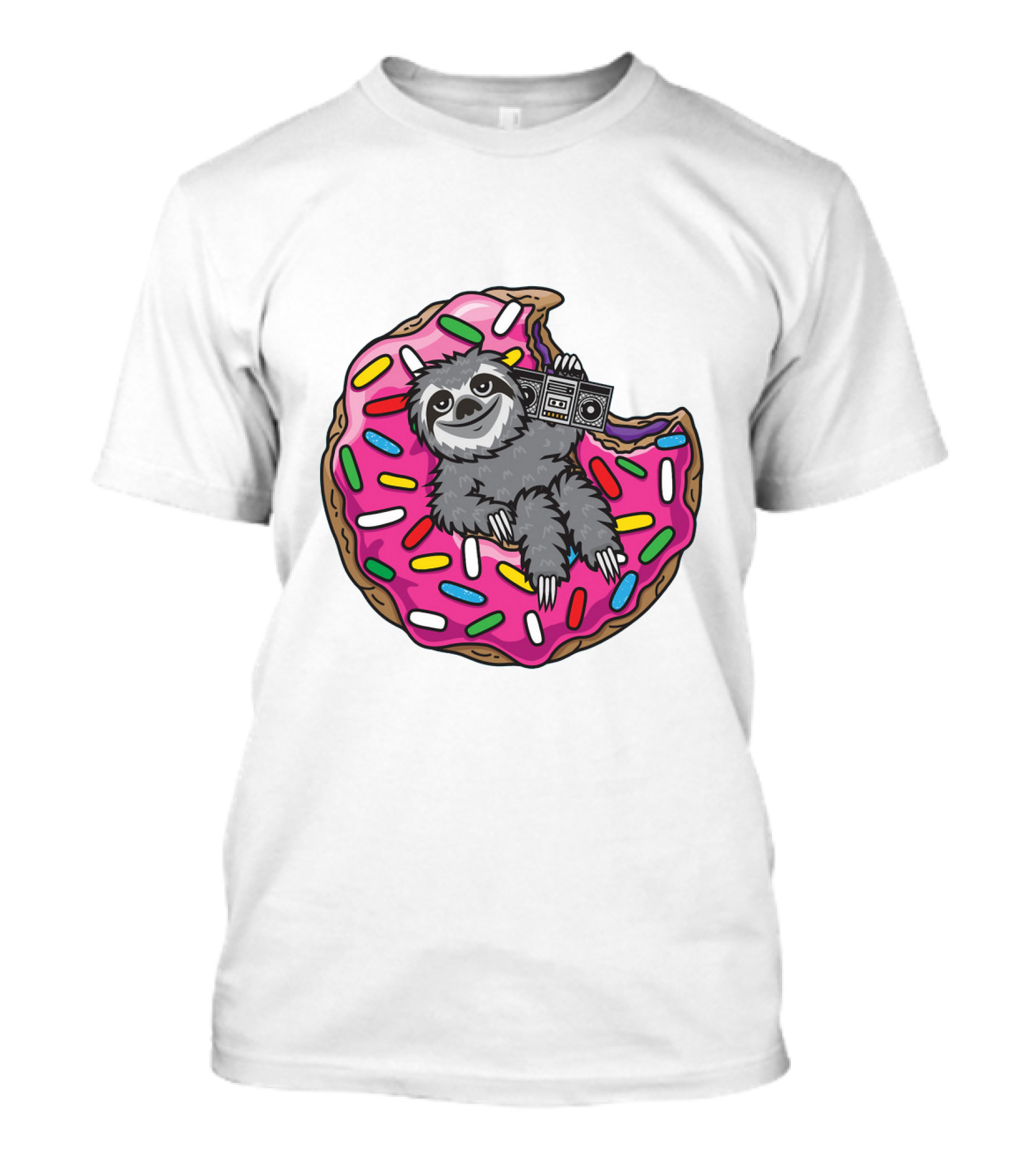Sloths Sloth Donut With Pink Frosting And Sprinkles Relaxing With Boombox T-Shirt