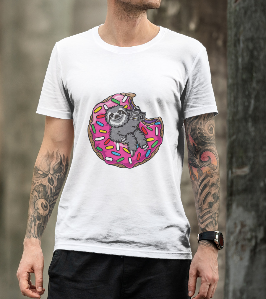 Sloths Sloth Donut With Pink Frosting And Sprinkles Relaxing With Boombox T-Shirt