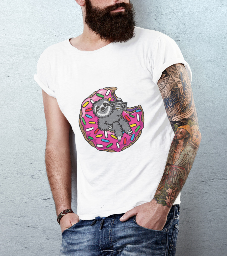 Sloths Sloth Donut With Pink Frosting And Sprinkles Relaxing With Boombox T-Shirt