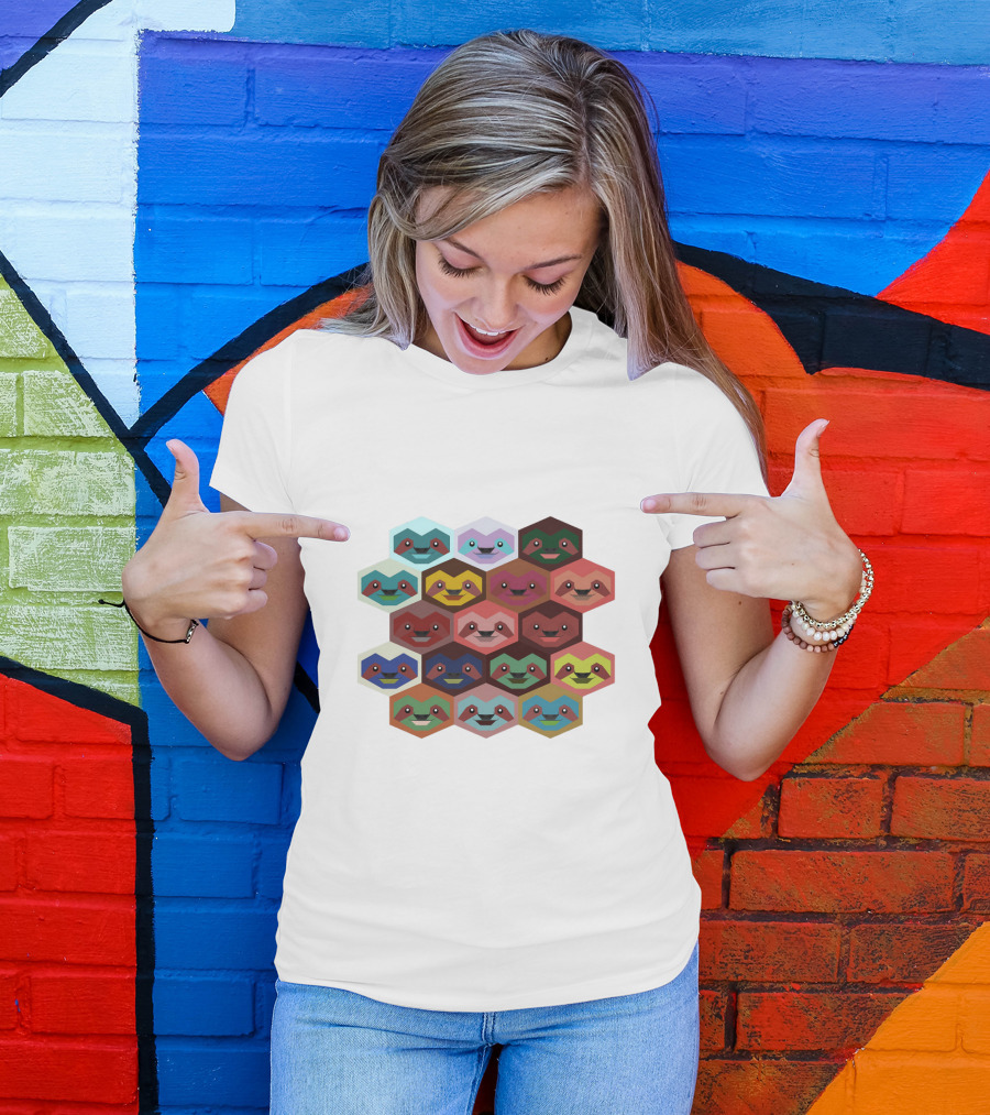 Colorful Hexagon Faces Of Sloths T-Shirt