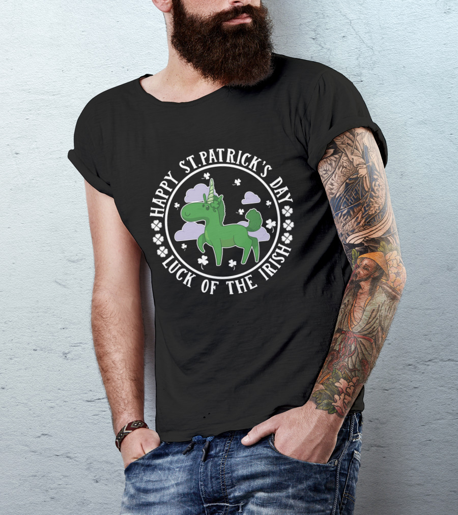 Happy St. Patrick's Day Luck Of The Irish Green Unicorn Clover Clouds T-Shirt