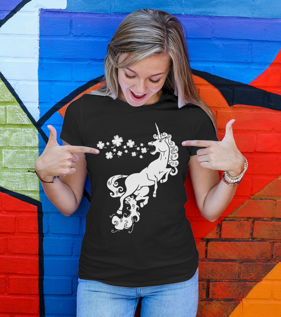 Unicorn Blowing Shamrock Flowers Mystical T-Shirt
