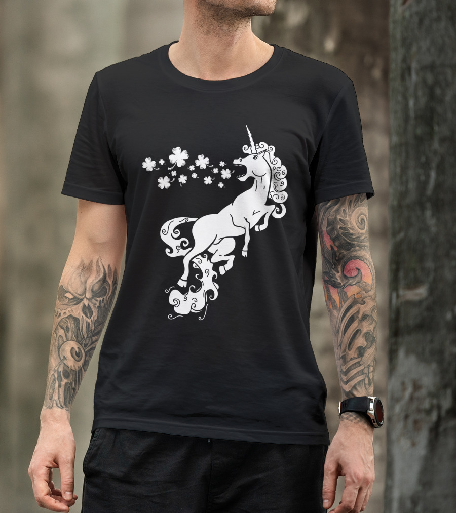 Unicorn Blowing Shamrock Flowers Mystical T-Shirt