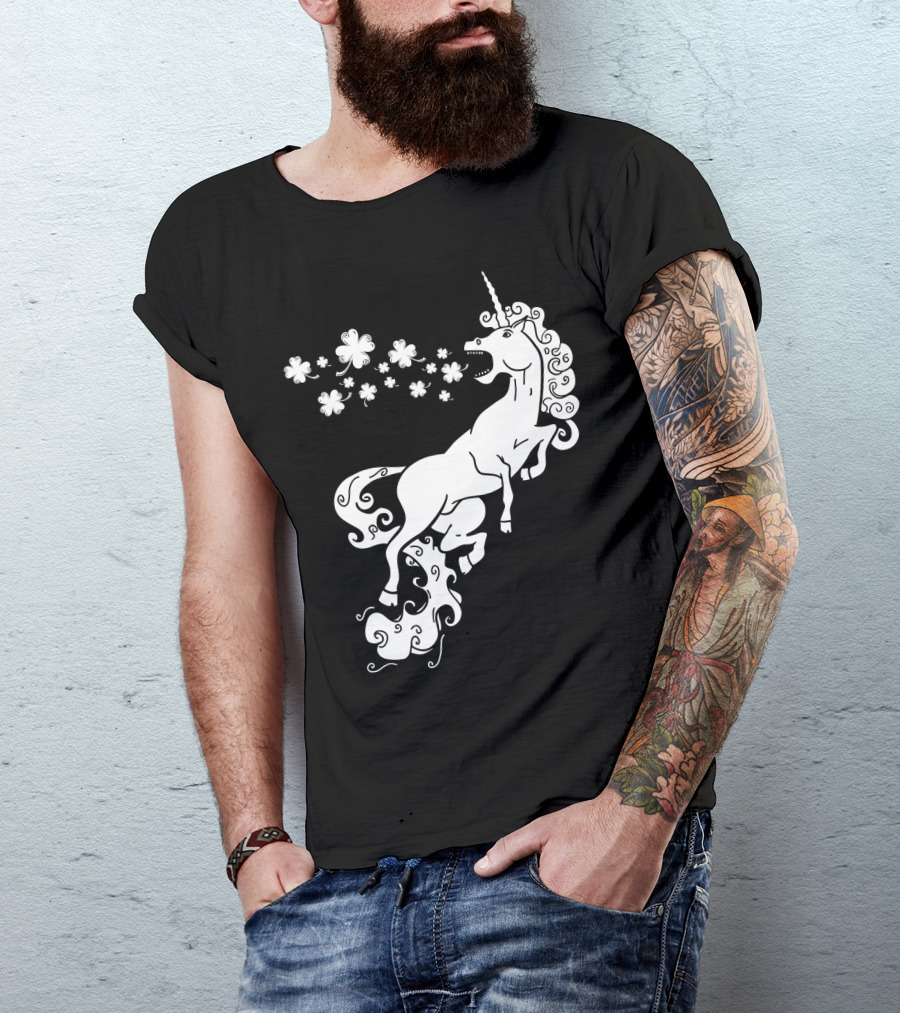 Unicorn Blowing Shamrock Flowers Mystical T-Shirt