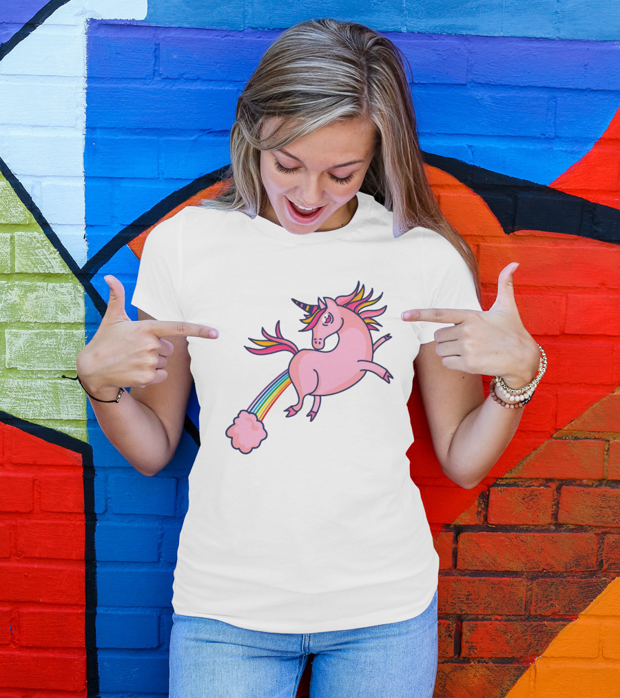 Magical Unicorn With Rainbow Tail And Puffy Clouds T-Shirt
