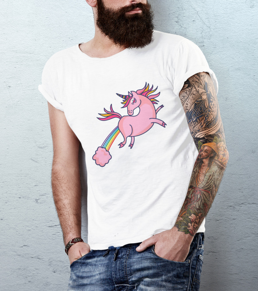 Magical Unicorn With Rainbow Tail And Puffy Clouds T-Shirt
