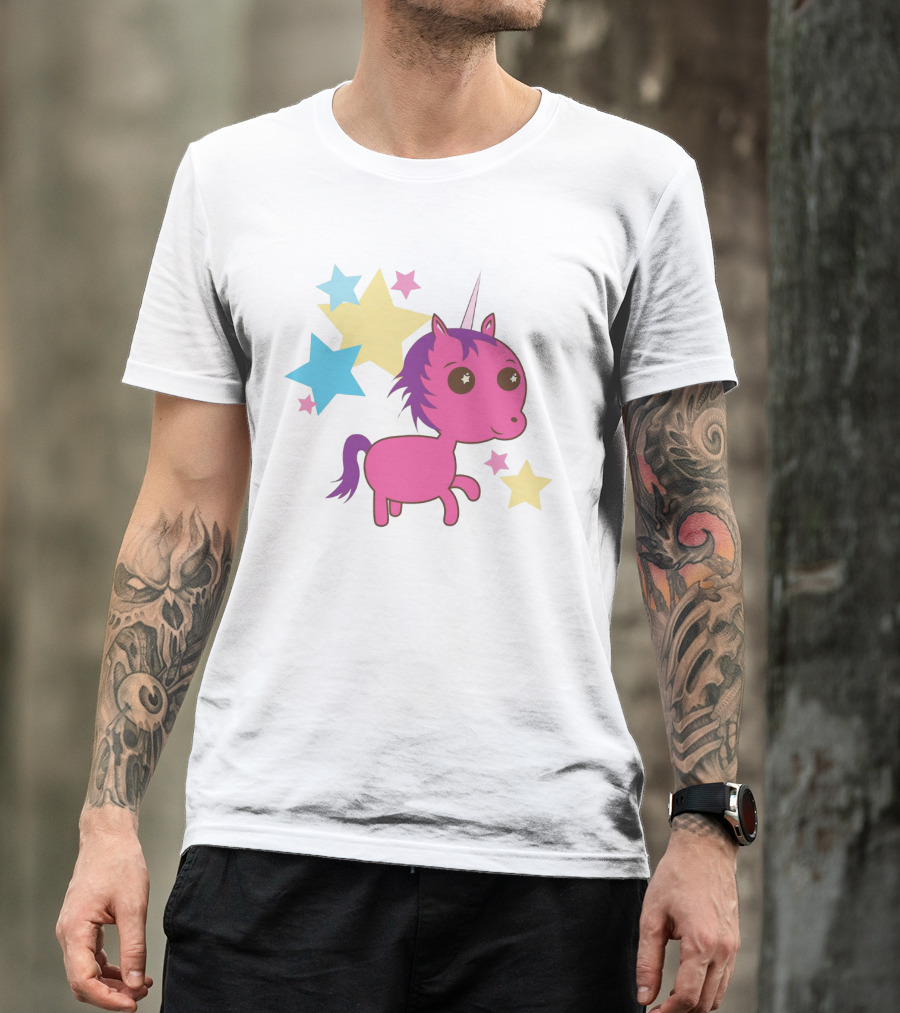 Pink Trippin Sparkles Unicorn With Colorful Stars T-Shirt