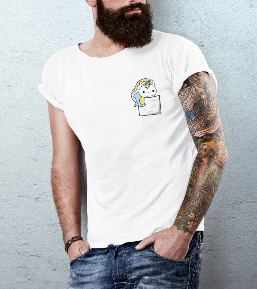 Pocket Unicorn Cat Kawaii Rainbow Mane Playful Cartoon T-Shirt