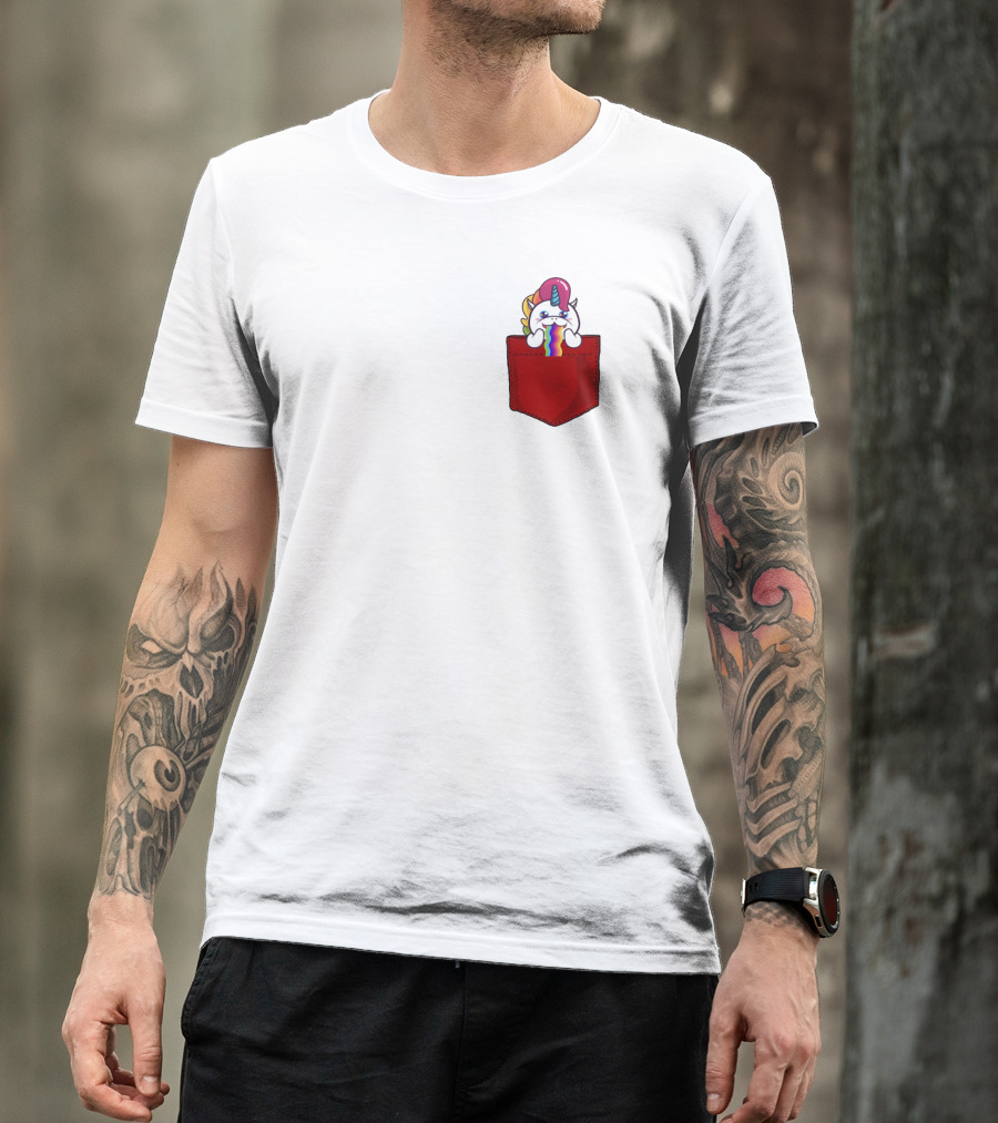 Crying Rainbow Unicorn In Red Pocket T-Shirt