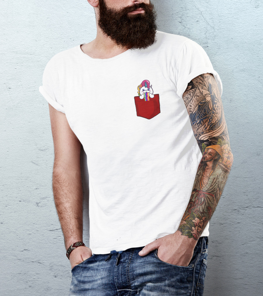 Crying Rainbow Unicorn In Red Pocket T-Shirt