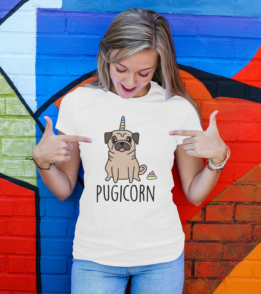 Pugicorn Rainbow Unicorn Horn Pug With Colorful Poop T-Shirt