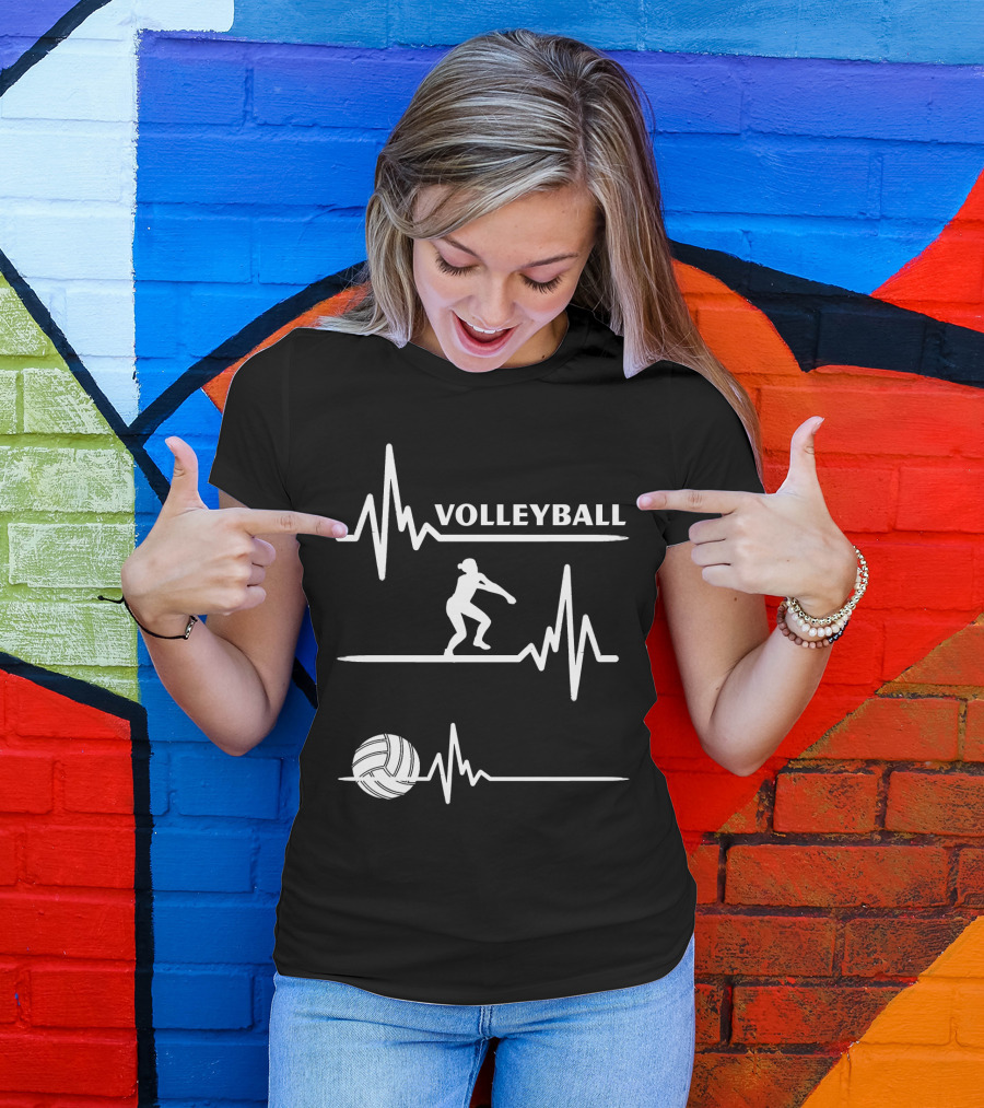Volleyball Heartbeat Player Silhouette With Ball And Pulse Lines T-Shirt