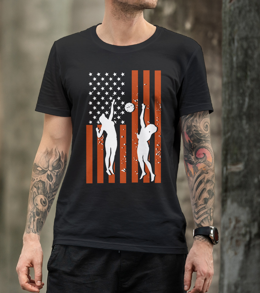 Volleyball Silhouettes Against American Flag Patriotic Sports Scene T-Shirt