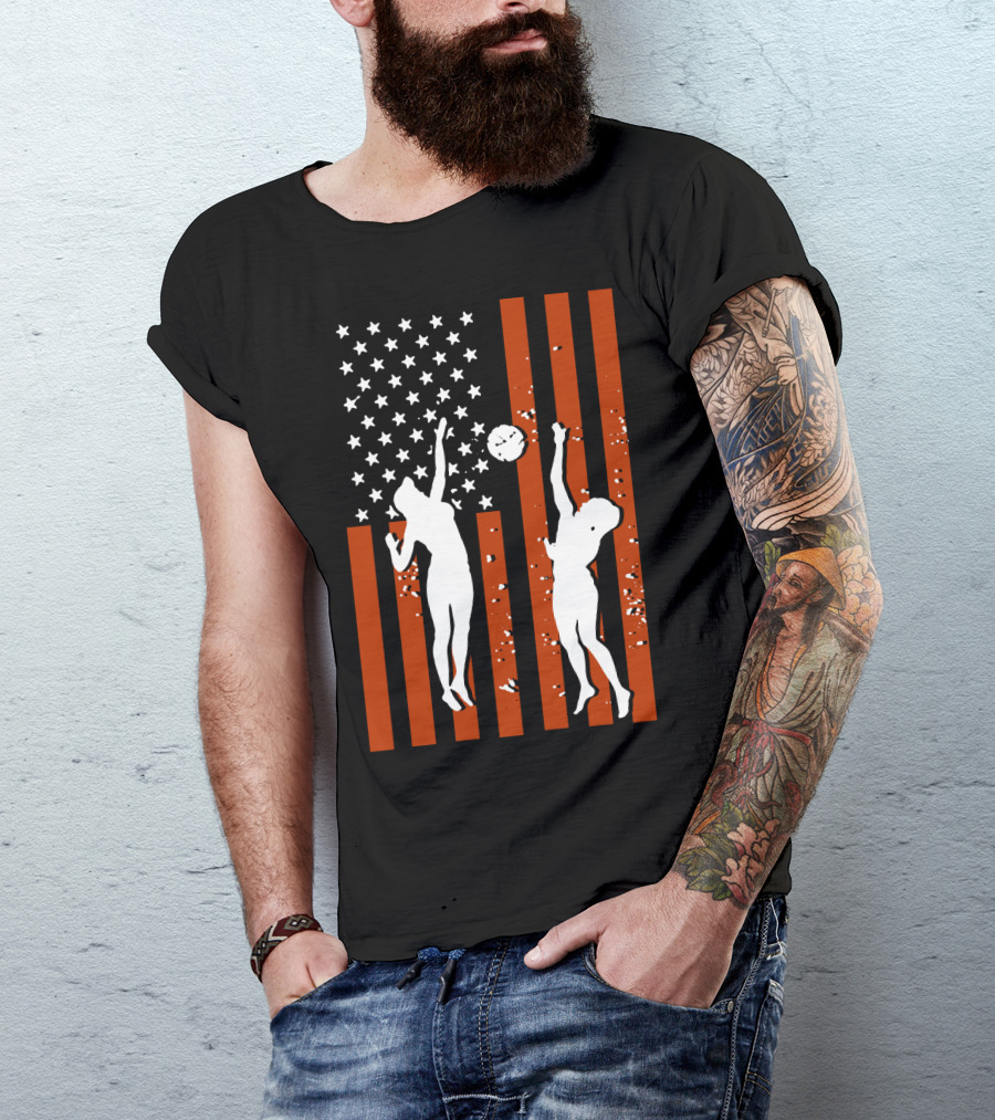Volleyball Silhouettes Against American Flag Patriotic Sports Scene T-Shirt