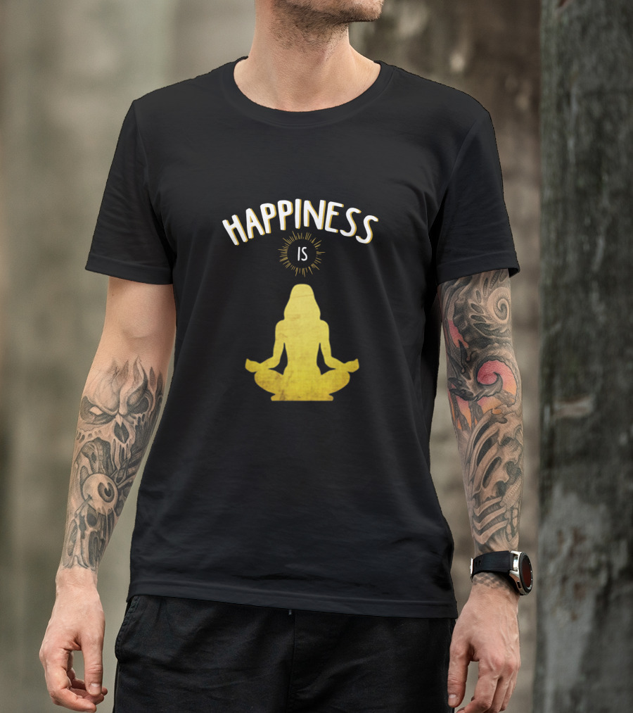 Happiness Is Yoga Meditation Silhouette In Yellow With Sunburst T-Shirt